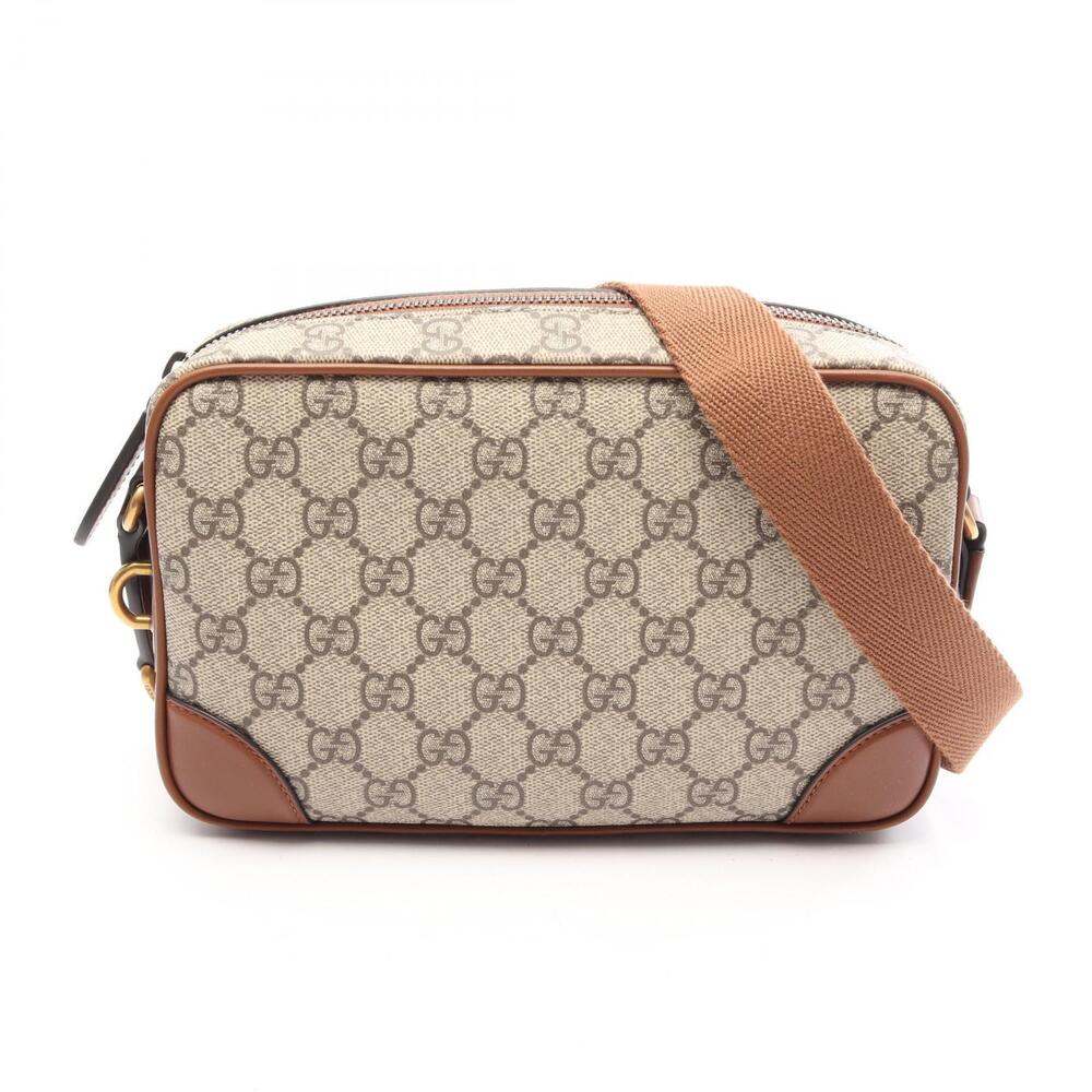 Gucci GG Emblem Canvas Leather Shoulder Bag Beige Brown